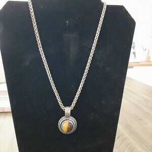 Premier Designs Tiger's Eye Pendant Necklace Braided Chain Silver Tone unisexed